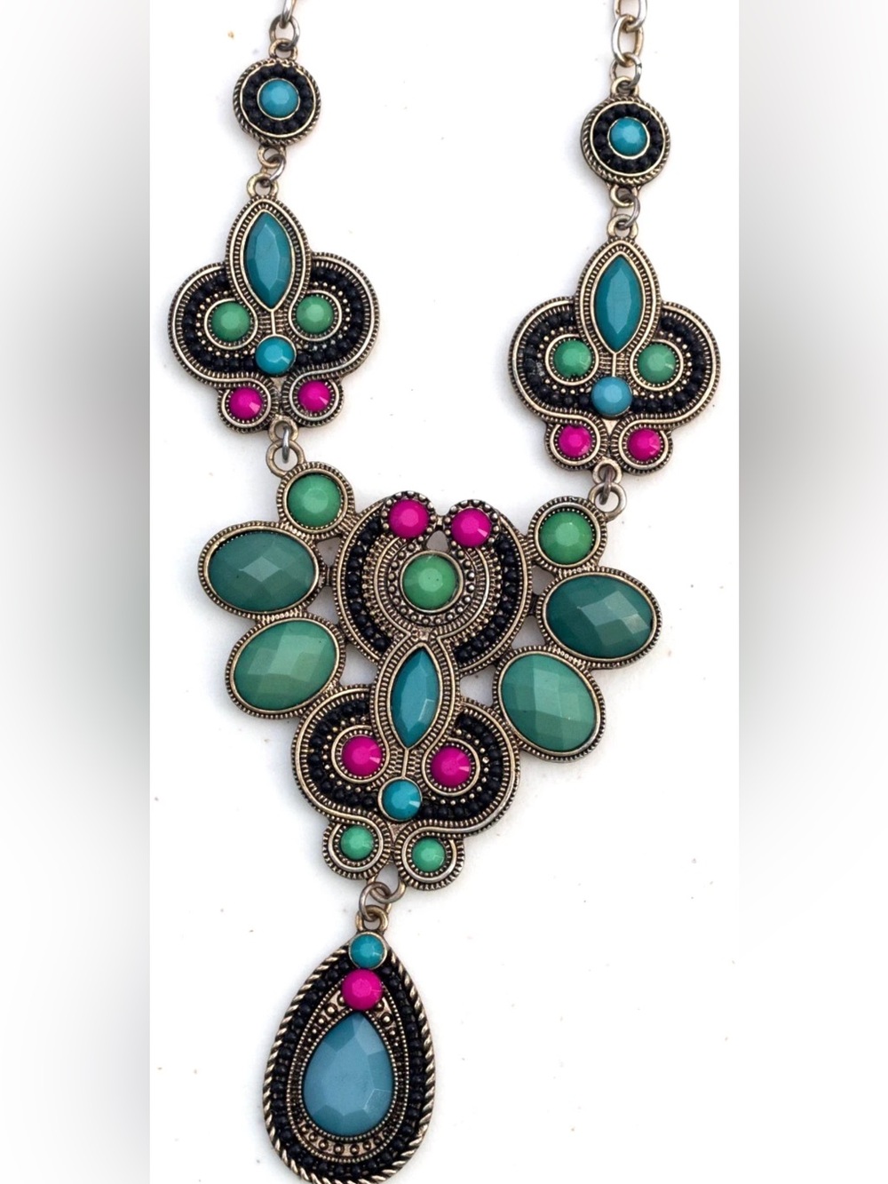 Topshop Boho Statement Pendant Bib Necklace Teal Green Turquoise Blue & Fuchsia